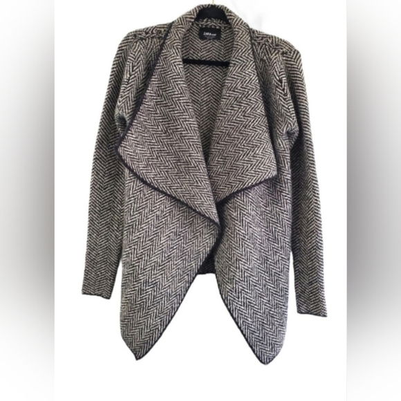 SIZE M Knit Cardigan Jacket Chevron knit open face Taupe Black color ZARA - Picture 8 of 11